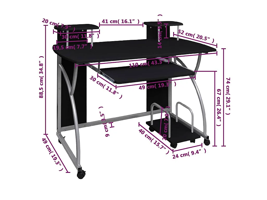 Bureau d'ordinateur Noir 110x52x88,5 cm Bois d’ingénierie