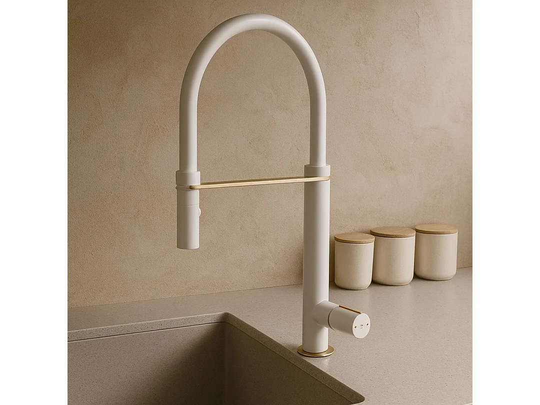 Exil Misturadora de lavatório com chuveiro de mão branco e ouro rosa Essebagno