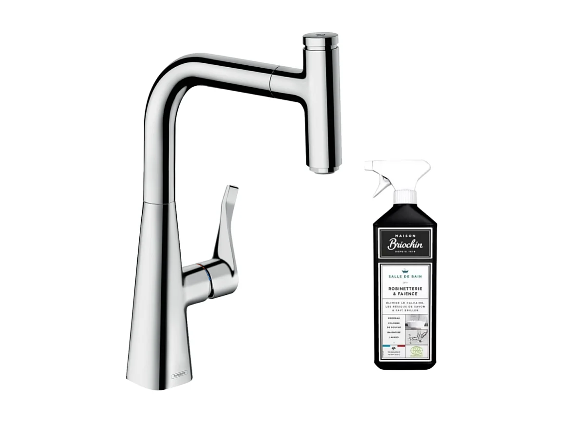 Robinet de cuisine avec douchette HANSGROHE Metris Select M71 240 chromé + nettoyant Briochin