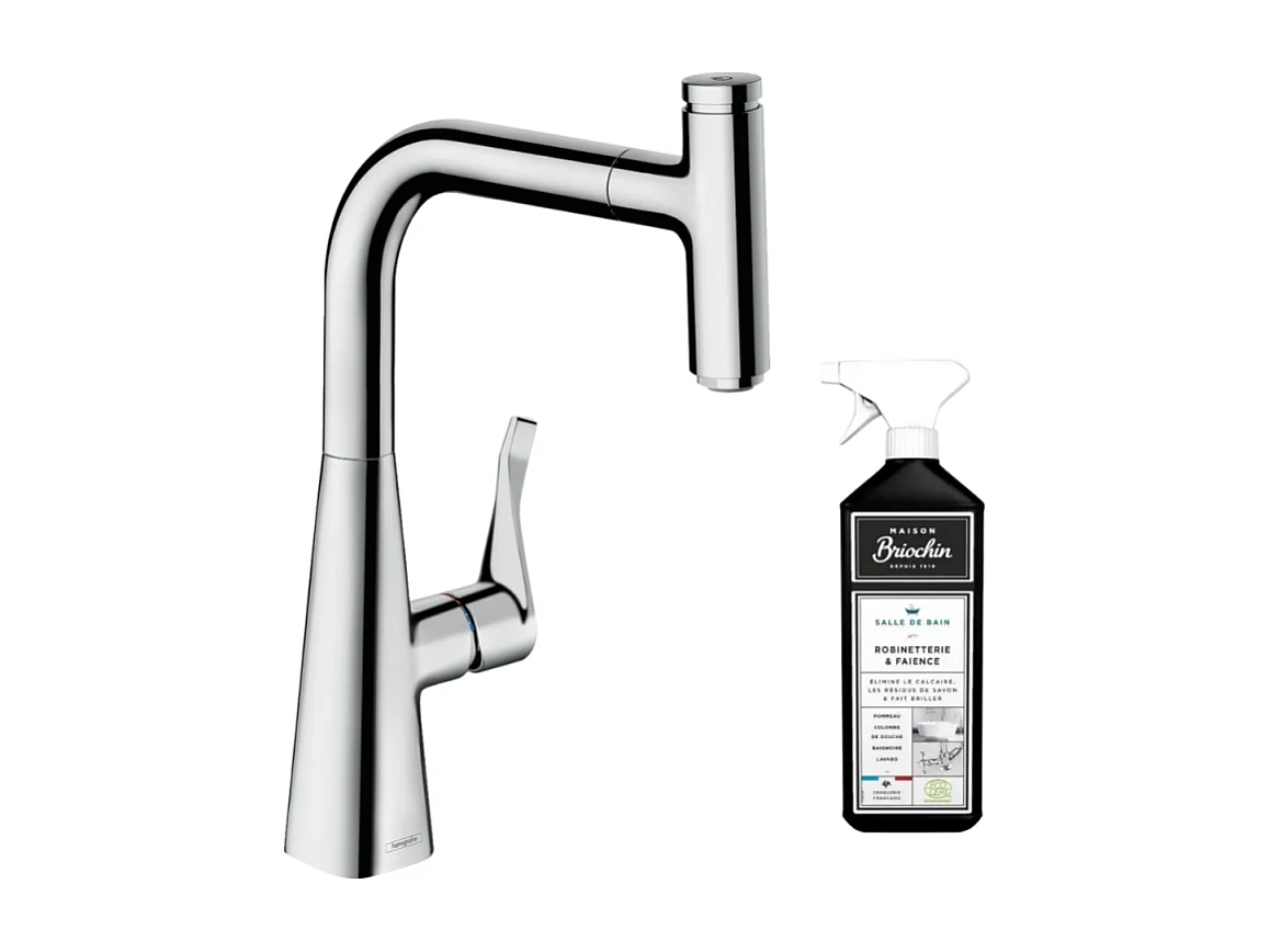 Robinet de cuisine avec douchette HANSGROHE Metris Select M71 240 chromé + nettoyant Briochin