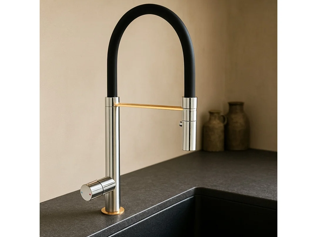 Exil mitigeur évier à douchette mobile satin et or rose - Essebagno