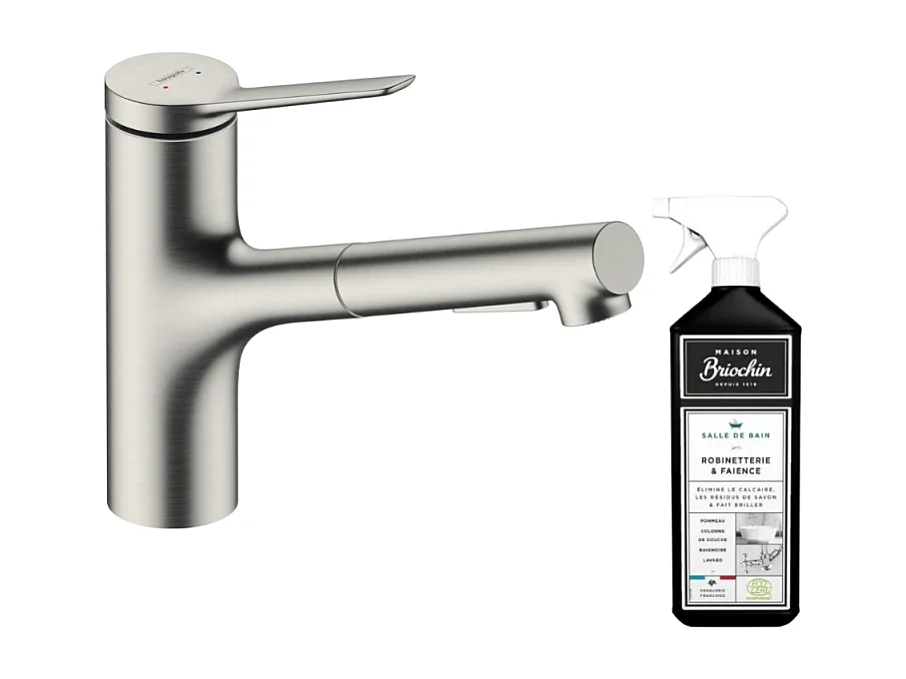Robinet de cuisine avec douchette HANSGROHE Zesis M33 150 sBox 2 jets aspect acier inox + nettoyant Briochin