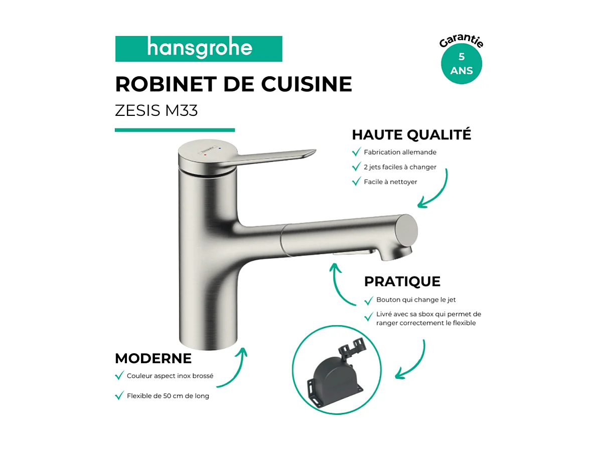 Robinet de cuisine avec douchette HANSGROHE Zesis M33 150 sBox 2 jets aspect acier inox + nettoyant Briochin