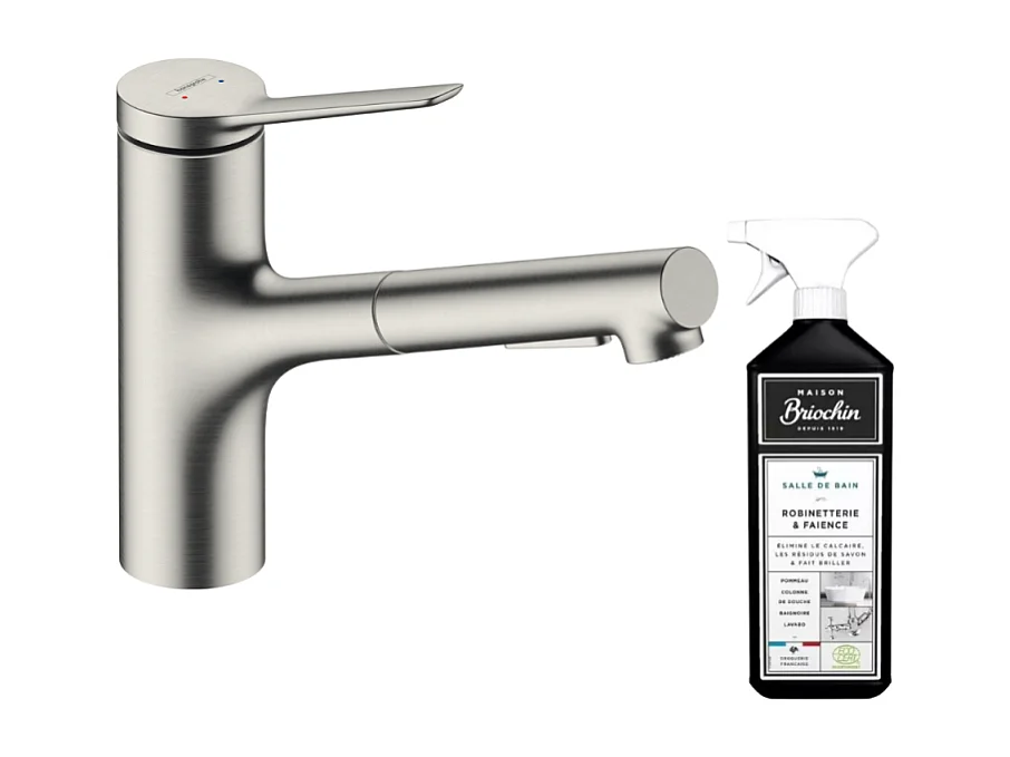 Robinet de cuisine avec douchette HANSGROHE Zesis M33 150 sBox 2 jets aspect acier inox + nettoyant Briochin
