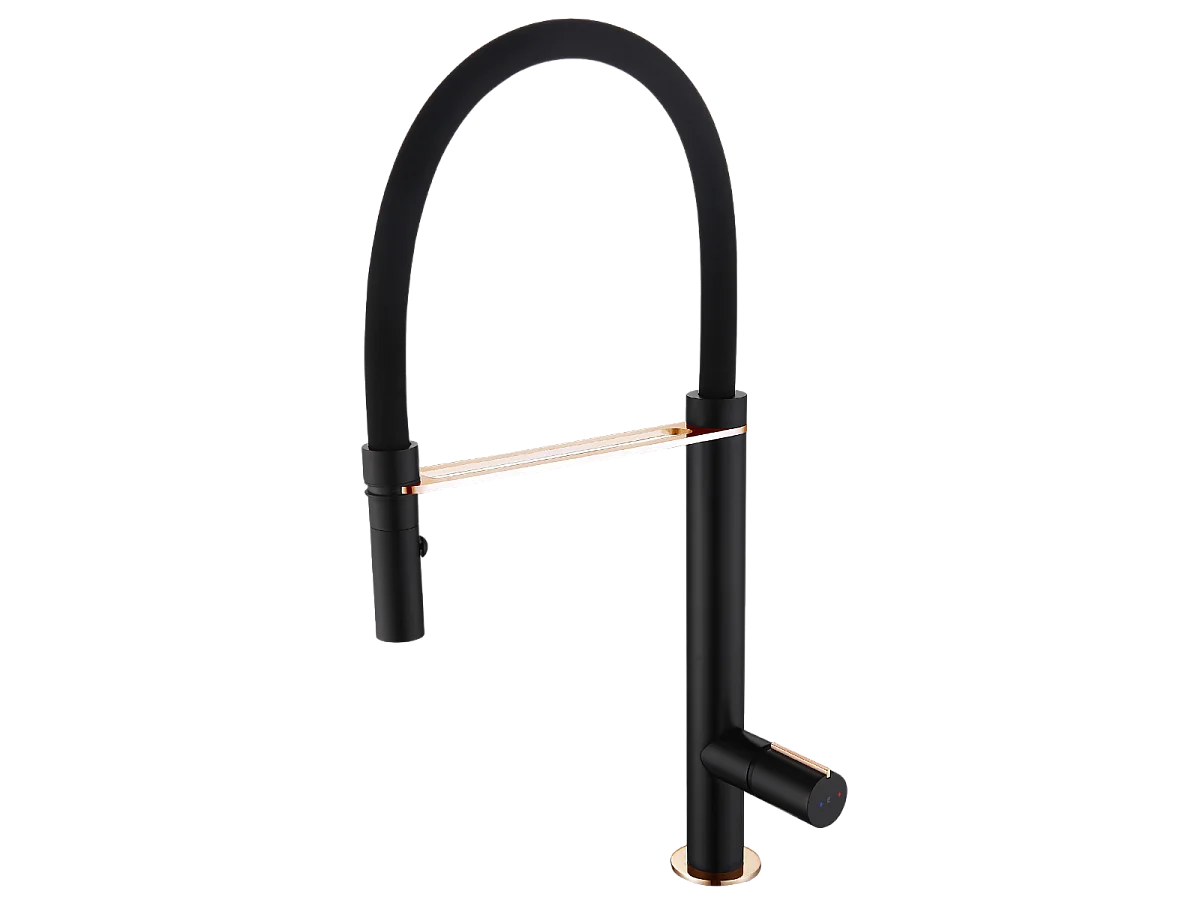 Exil Misturadora monocomando de lavatório com chuveiro de mão em preto e ouro rosa Essebagno