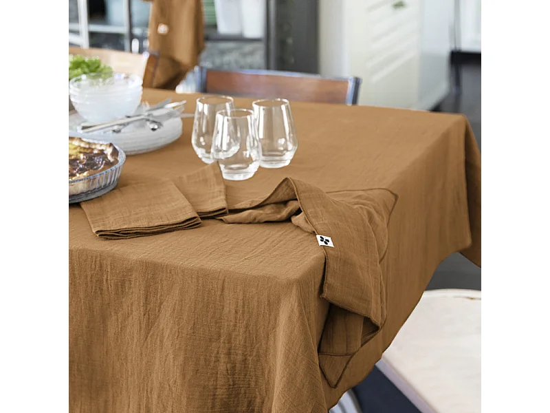 Nappe 150 x 250 cm en double gaze de coton gaufrée camel - PEPA