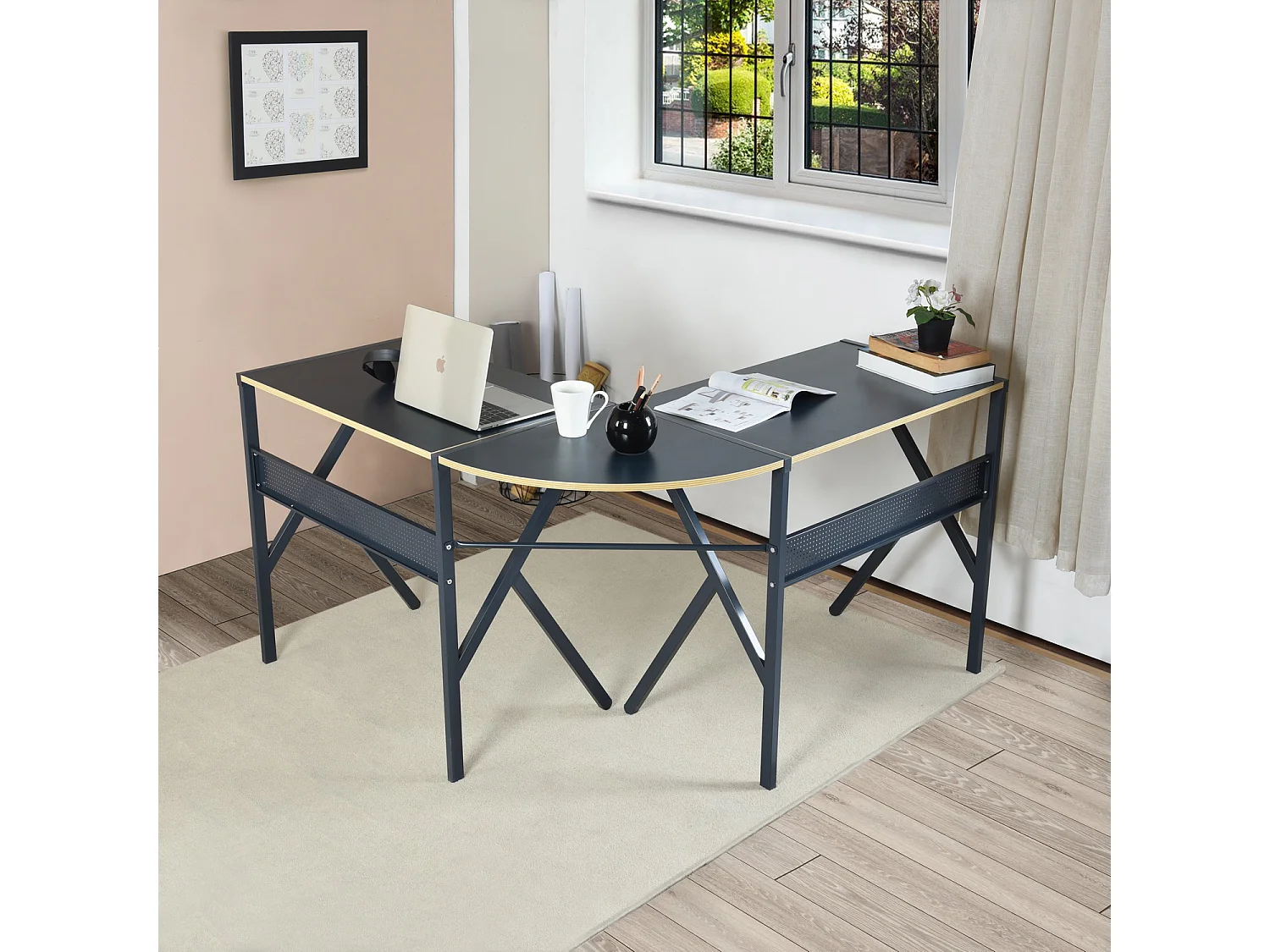 Bureau d'angle effet bois noir structure métallique ALISSON