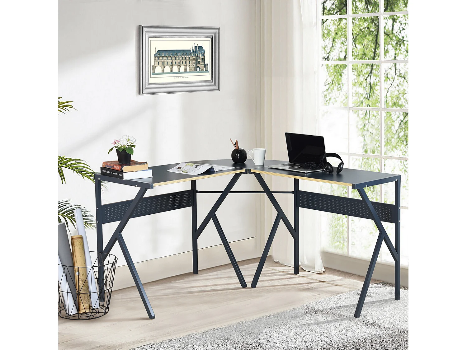 Bureau d'angle effet bois noir structure métallique ALISSON