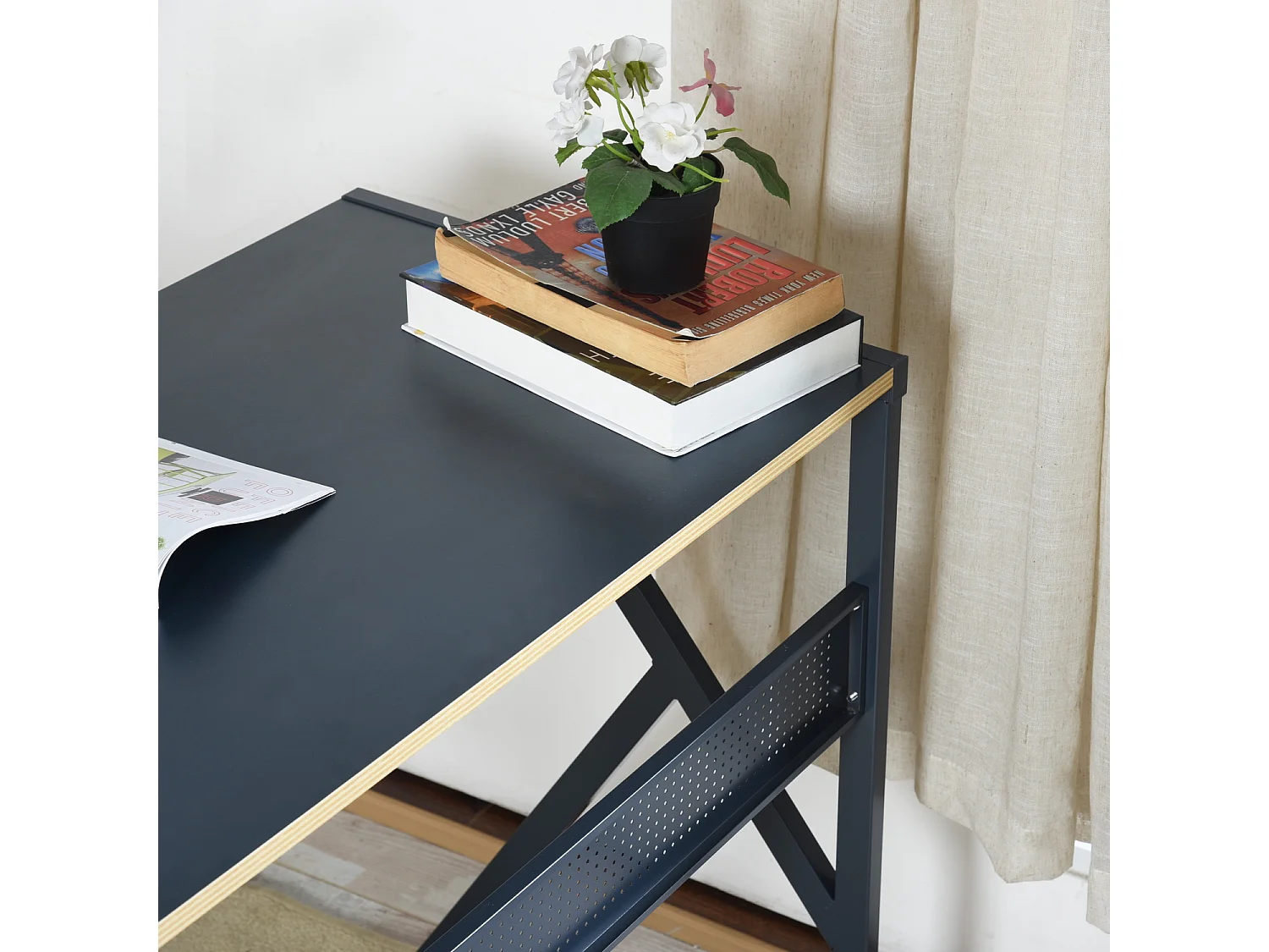 Bureau d'angle effet bois noir structure métallique ALISSON