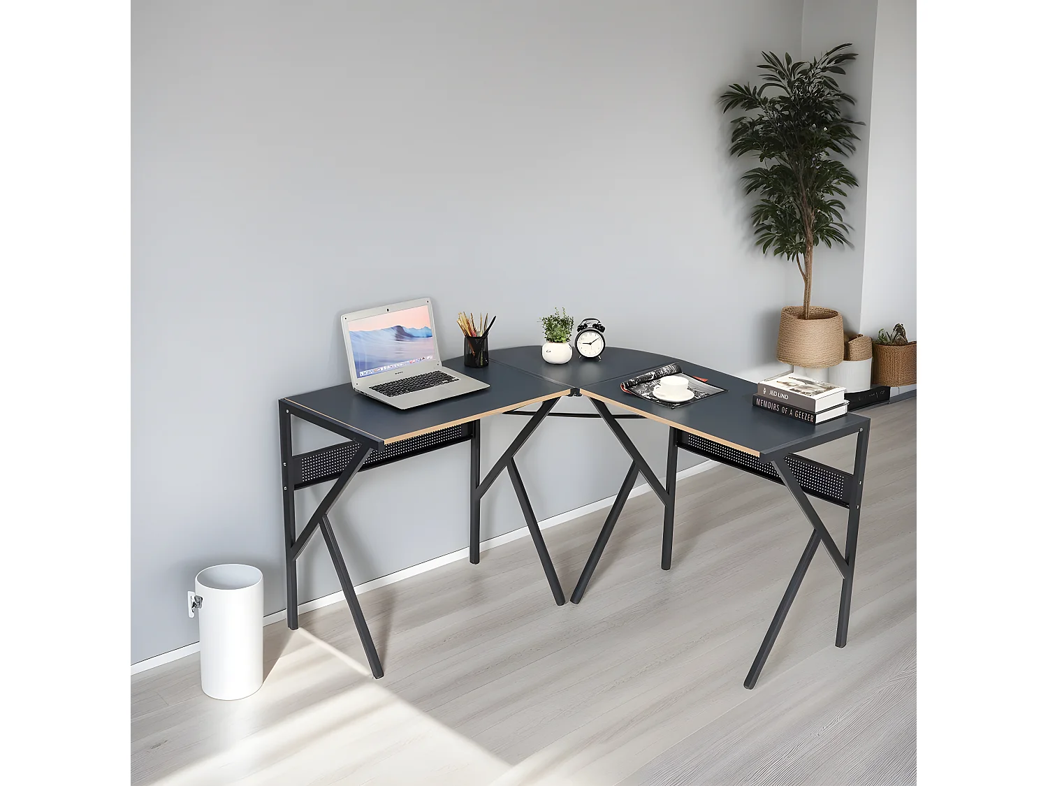 Bureau d'angle effet bois noir structure métallique ALISSON