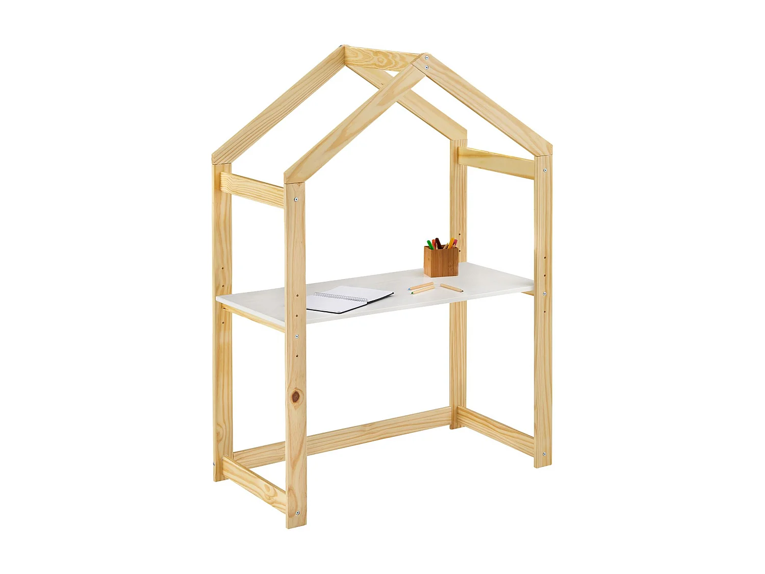 Bureau cabane enfant réglable LIA Montessori en bois massif coloris naturel et blanc, plateau évolutif en hauteur