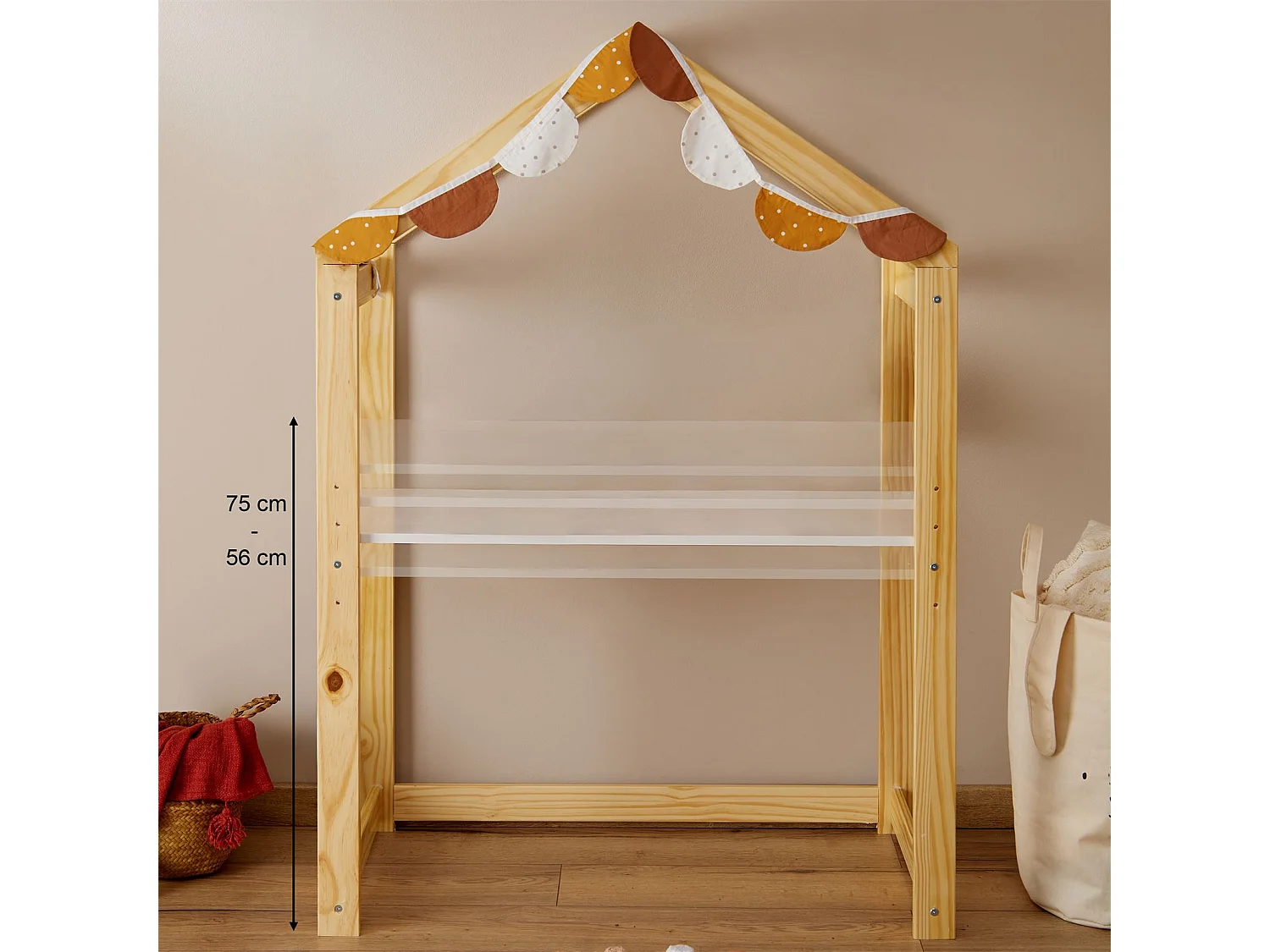 Bureau cabane enfant réglable LIA Montessori en bois massif coloris naturel et blanc, plateau évolutif en hauteur