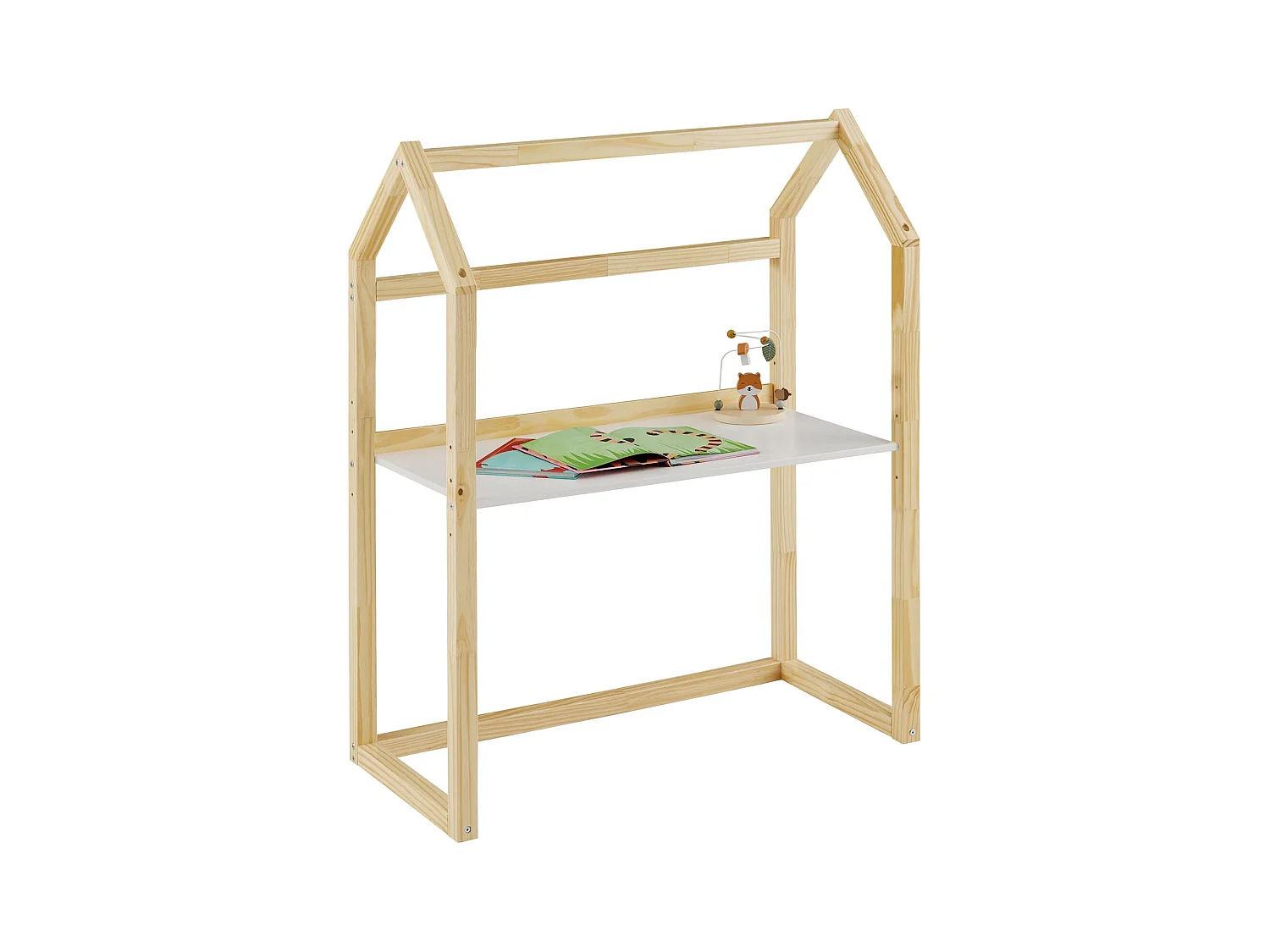 Bureau enfant TINA bureau évolutif en forme de maison de type Montessori, plateau réglable en hauteur, en pin massif naturel et blanc