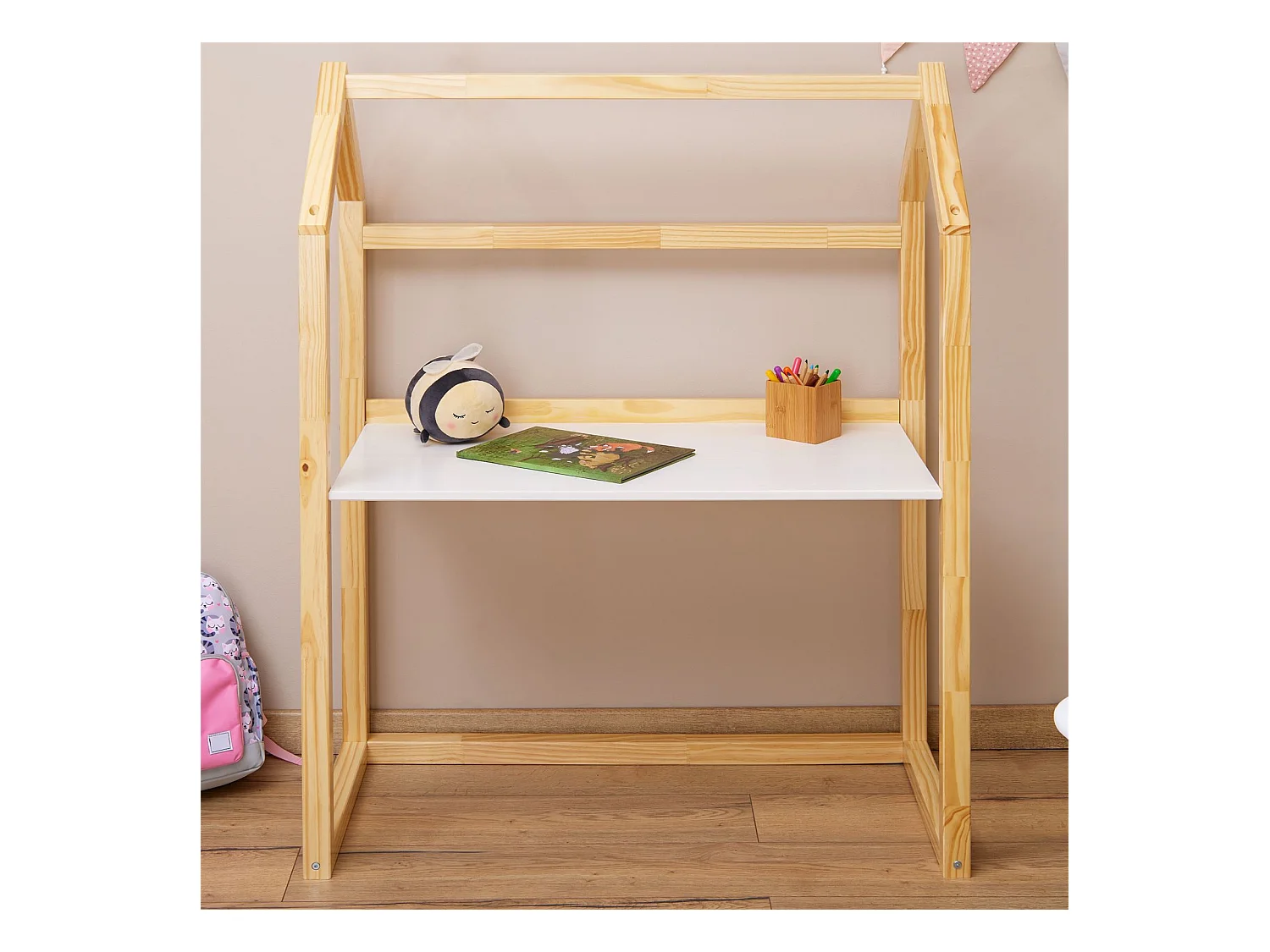 Bureau enfant TINA bureau évolutif en forme de maison de type Montessori, plateau réglable en hauteur, en pin massif naturel et blanc