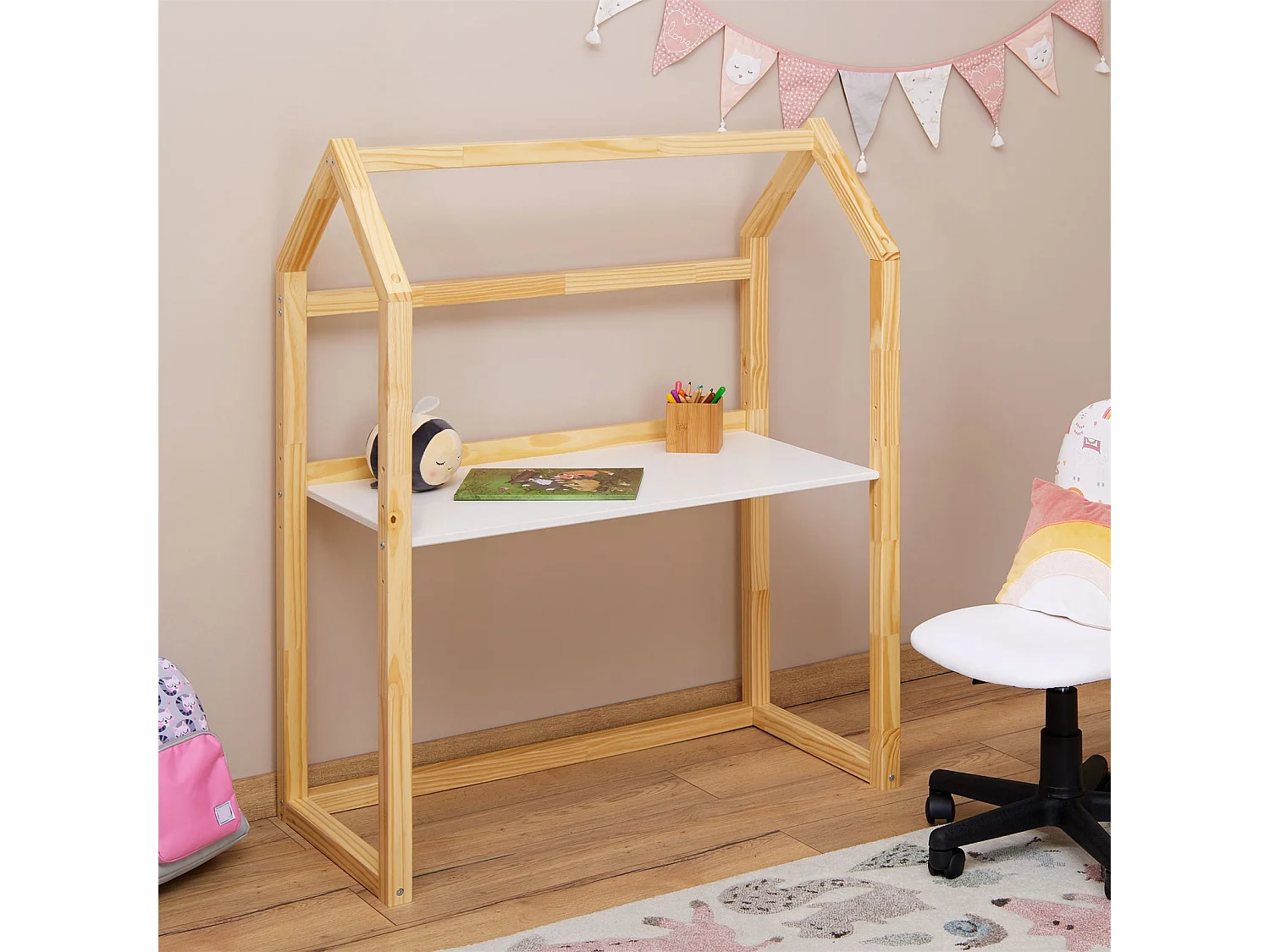 Bureau enfant TINA bureau évolutif en forme de maison de type Montessori, plateau réglable en hauteur, en pin massif naturel et blanc