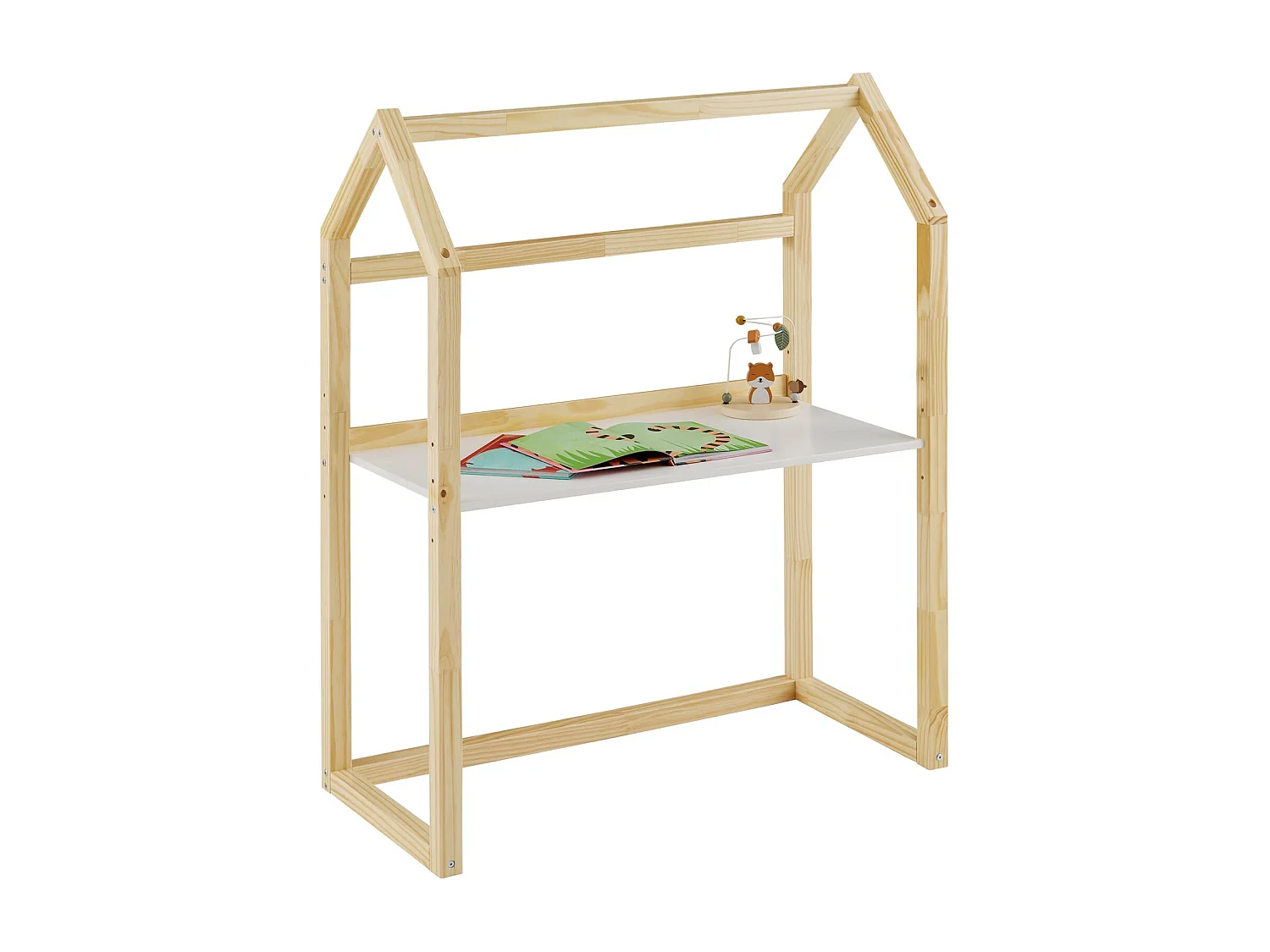 Bureau enfant TINA bureau évolutif en forme de maison de type Montessori, plateau réglable en hauteur, en pin massif naturel et blanc