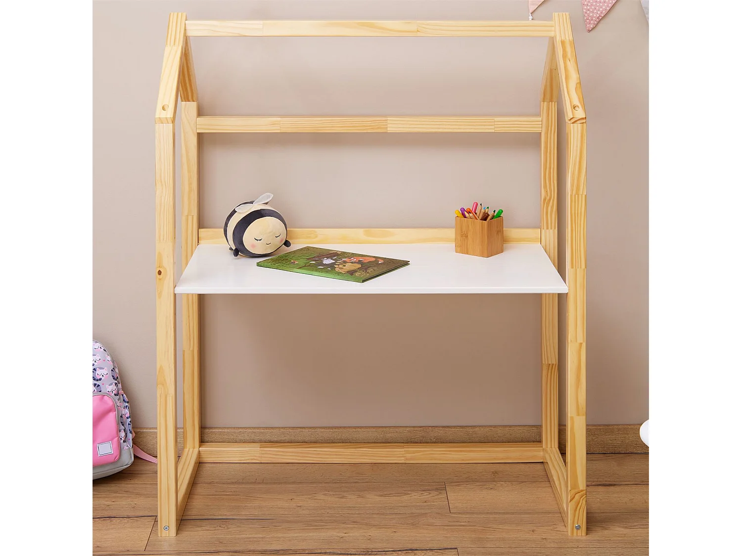 Bureau enfant TINA bureau évolutif en forme de maison de type Montessori, plateau réglable en hauteur, en pin massif naturel et blanc