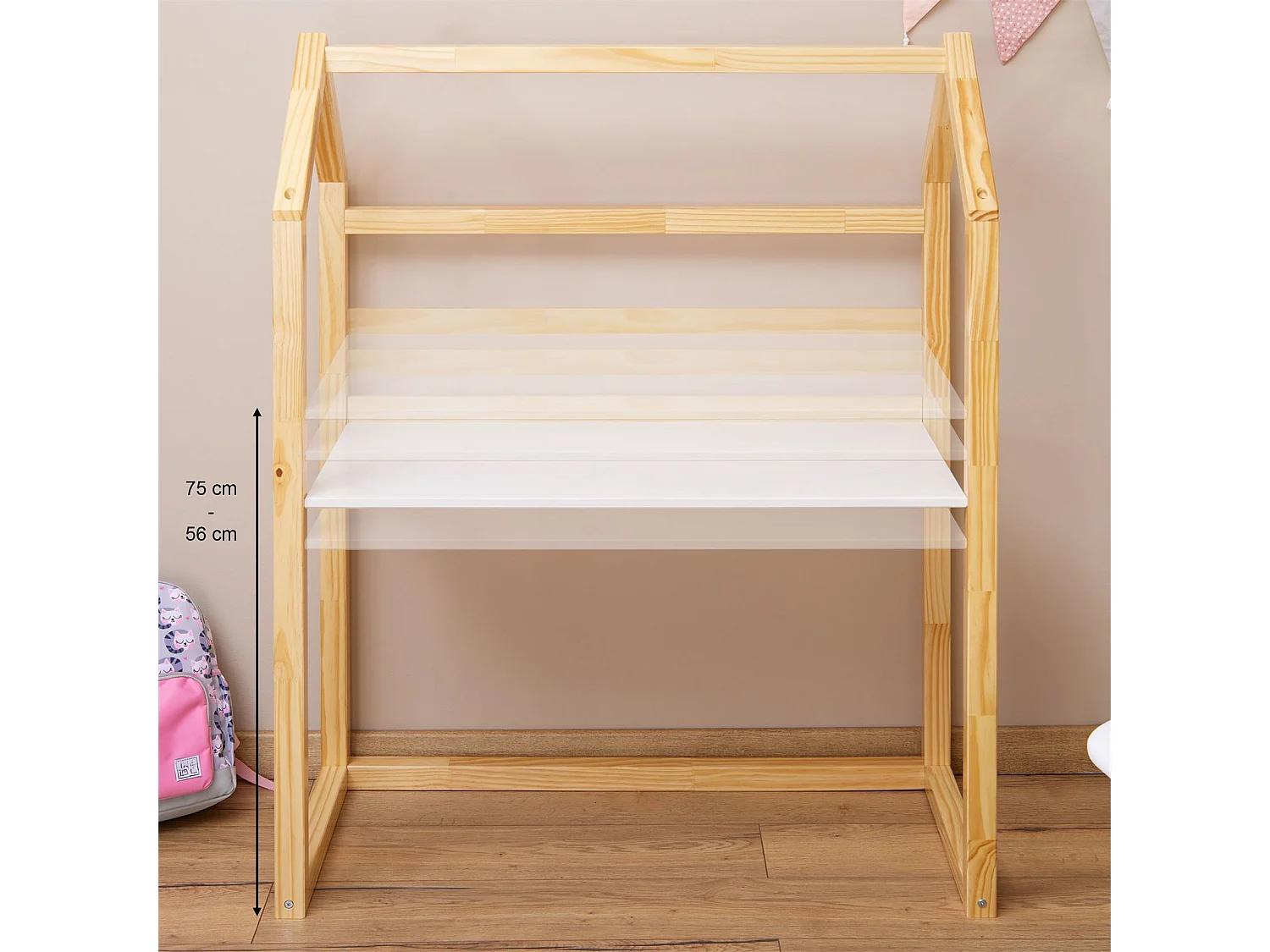 Bureau enfant TINA bureau évolutif en forme de maison de type Montessori, plateau réglable en hauteur, en pin massif naturel et blanc