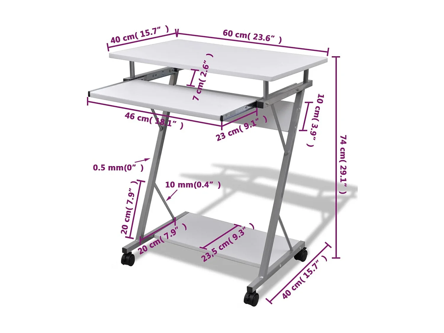 Studenten computerbureau 60 x 40 x 74 cm (wit)