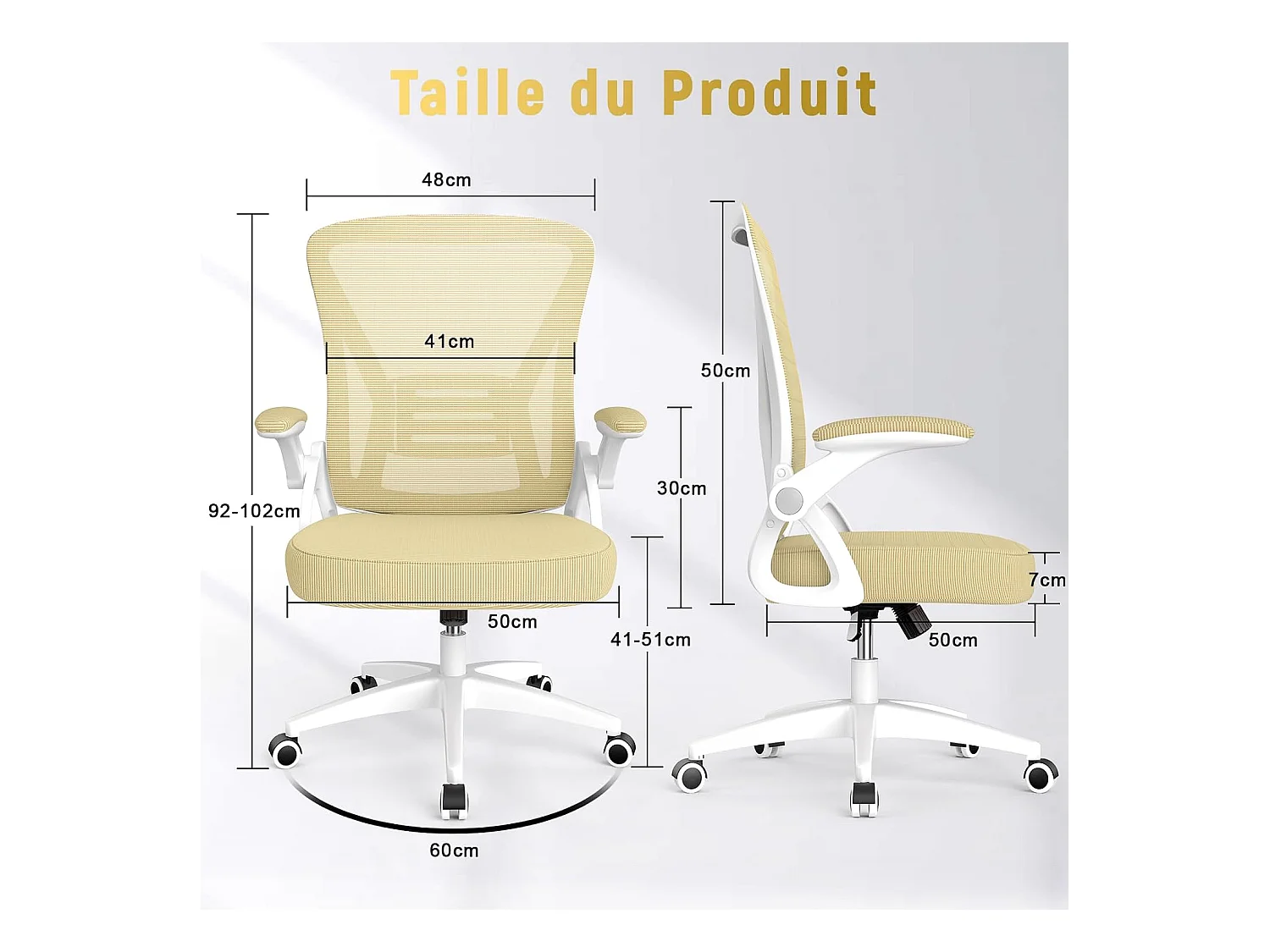 Cadeira de escritório com apoio de braços ajustável-Amarela