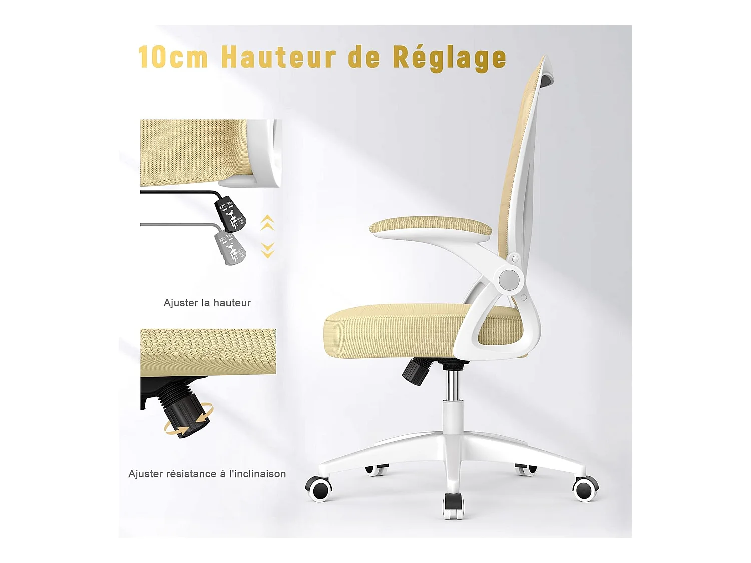 Cadeira de escritório com apoio de braços ajustável-Amarela