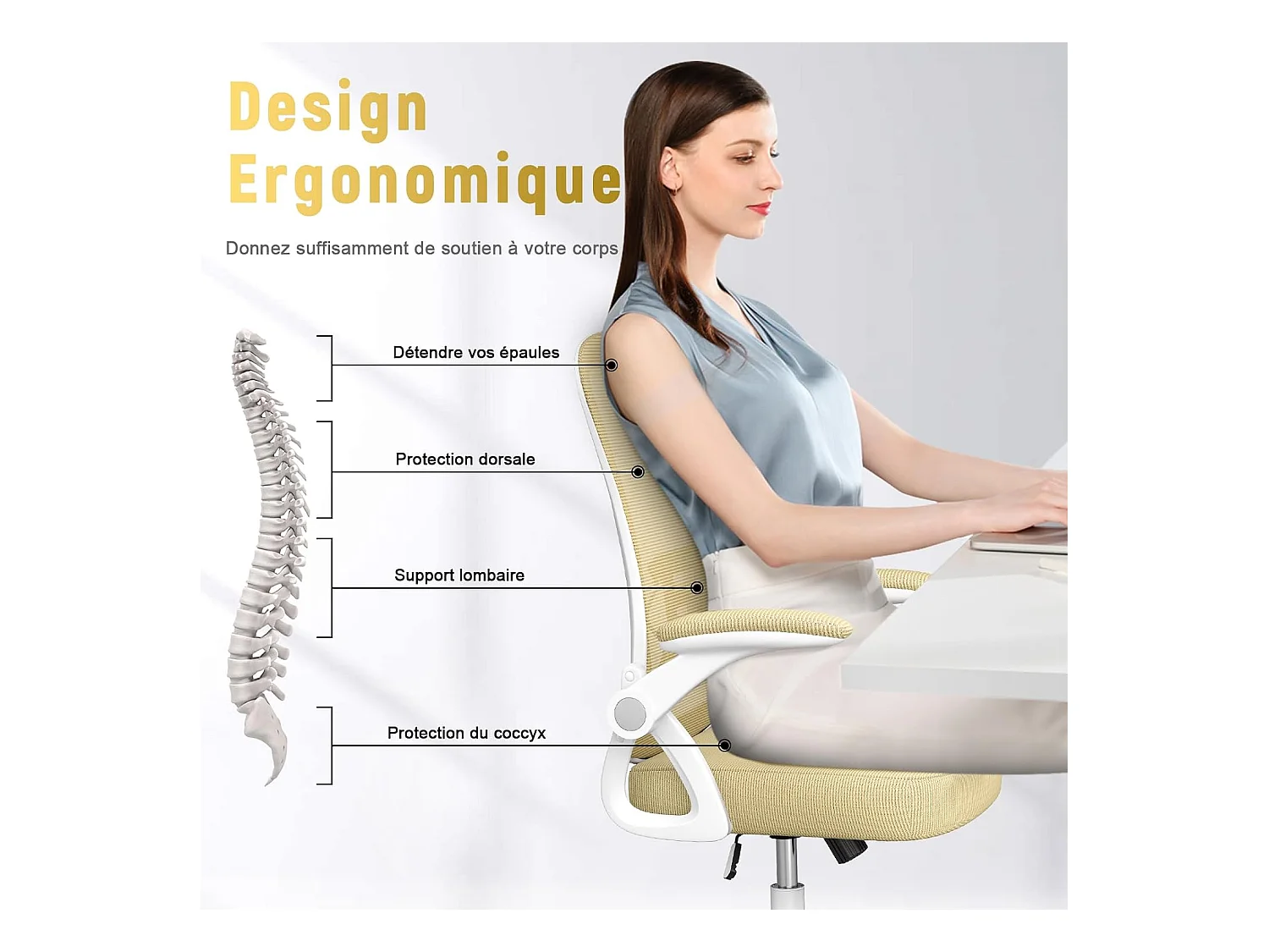 Cadeira de escritório com apoio de braços ajustável-Amarela