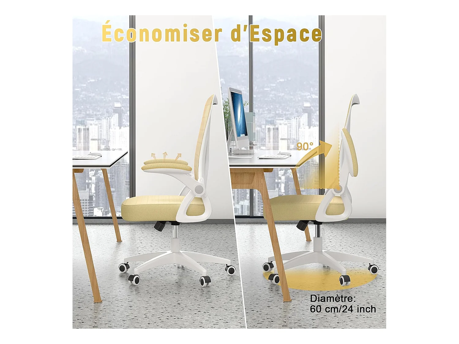 Cadeira de escritório com apoio de braços ajustável-Amarela