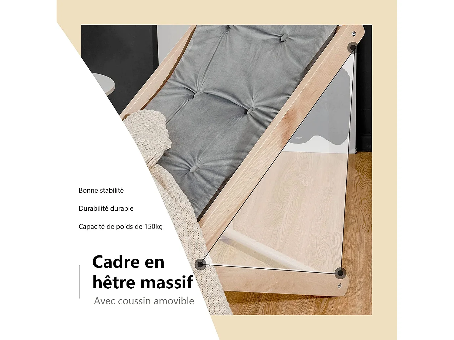 chaise de plage pliable en bois 3 niveaux d'inclinaison cousssin doux amoviblecapacité 150kg