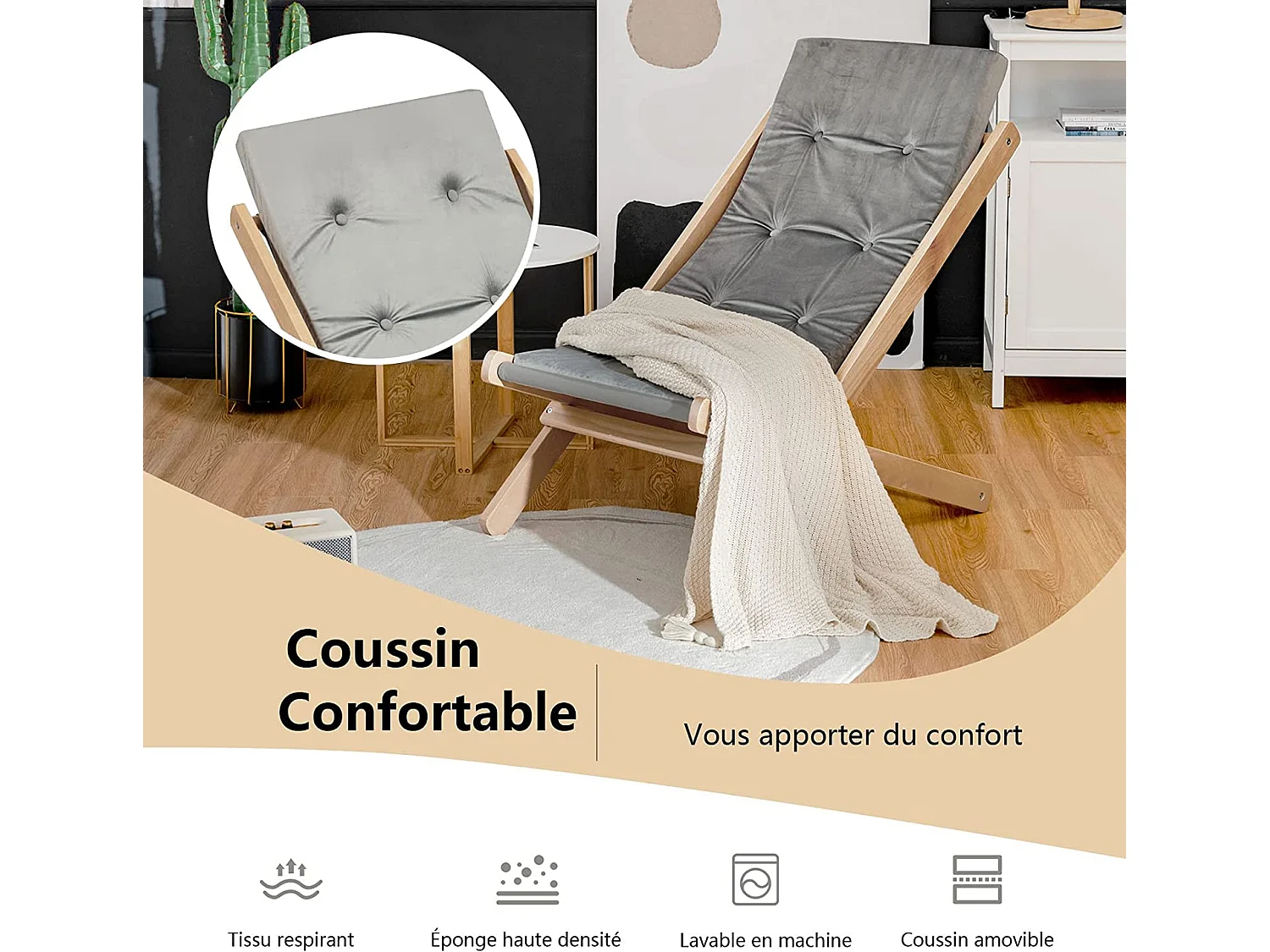 chaise de plage pliable en bois 3 niveaux d'inclinaison cousssin doux amoviblecapacité 150kg
