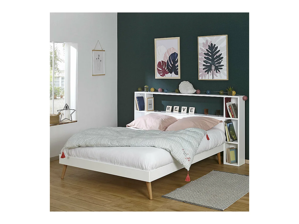 Tête de lit avec rangements 120 cm bois massif blanc LOU