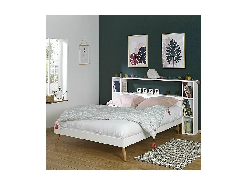 Tête de lit avec rangements 160 cm bois massif blanc LOU