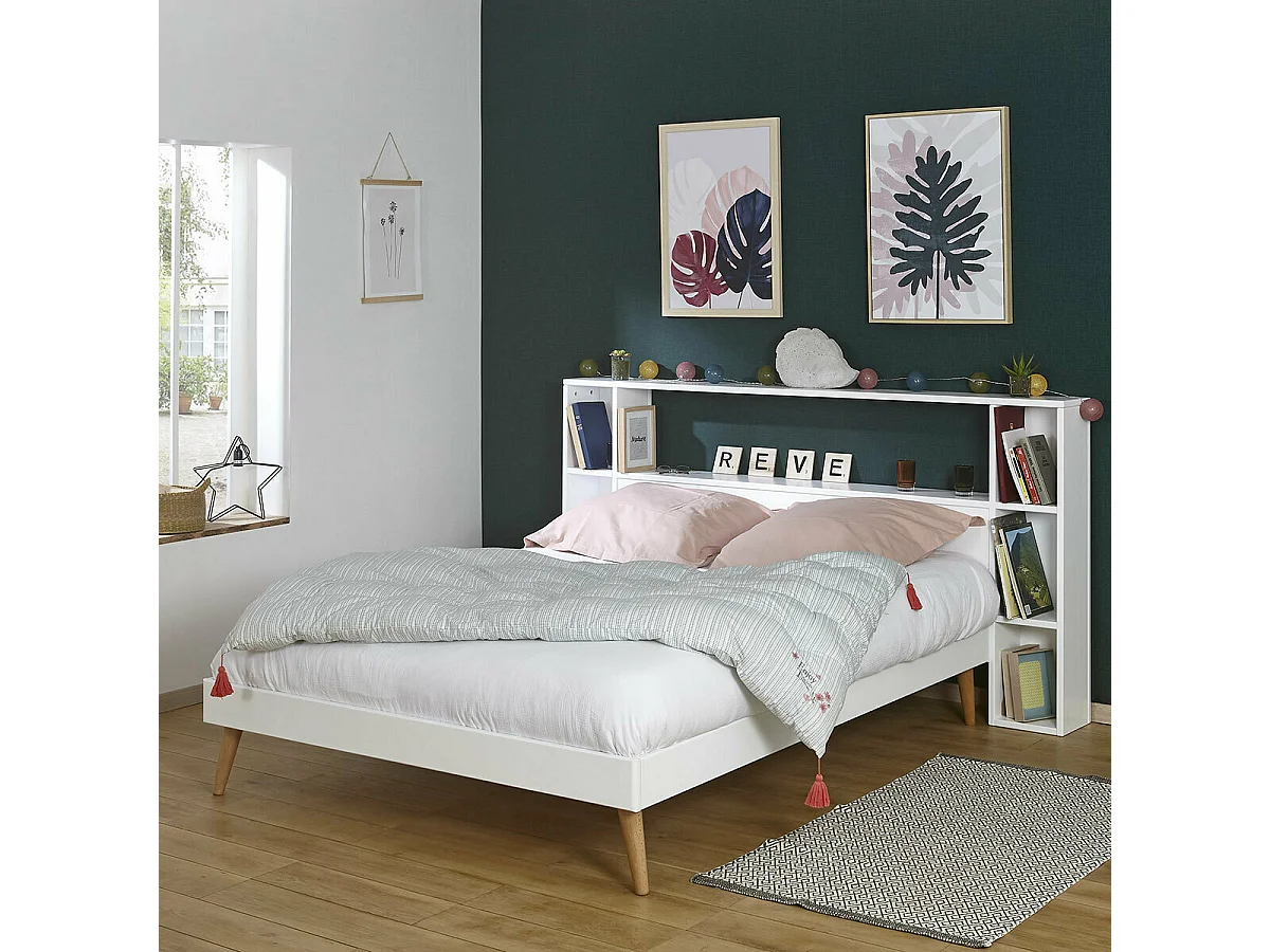Tête de lit avec rangements 160 cm bois massif blanc LOU