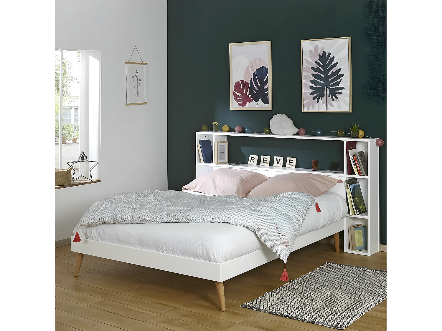 Tête de lit avec rangements 160 cm bois massif bois naturel LOU