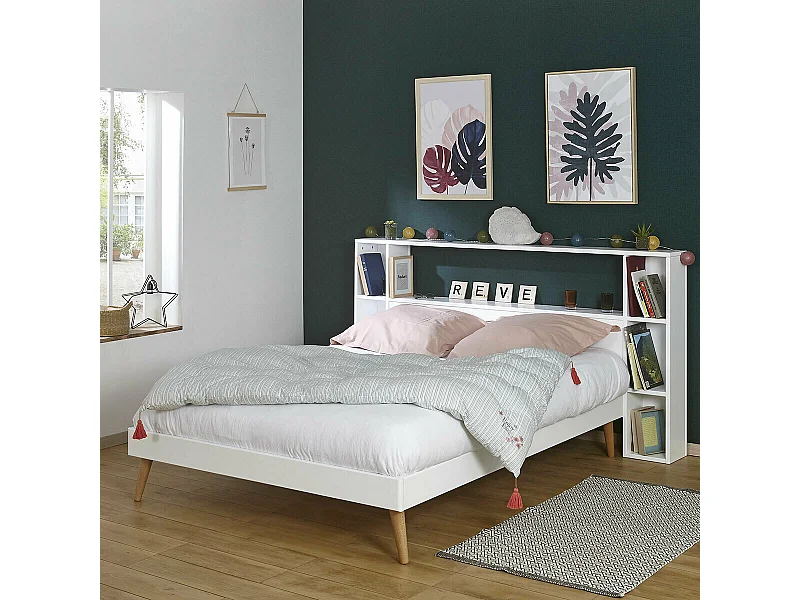 Tête de lit avec rangements 140 cm bois massif blanc LOU
