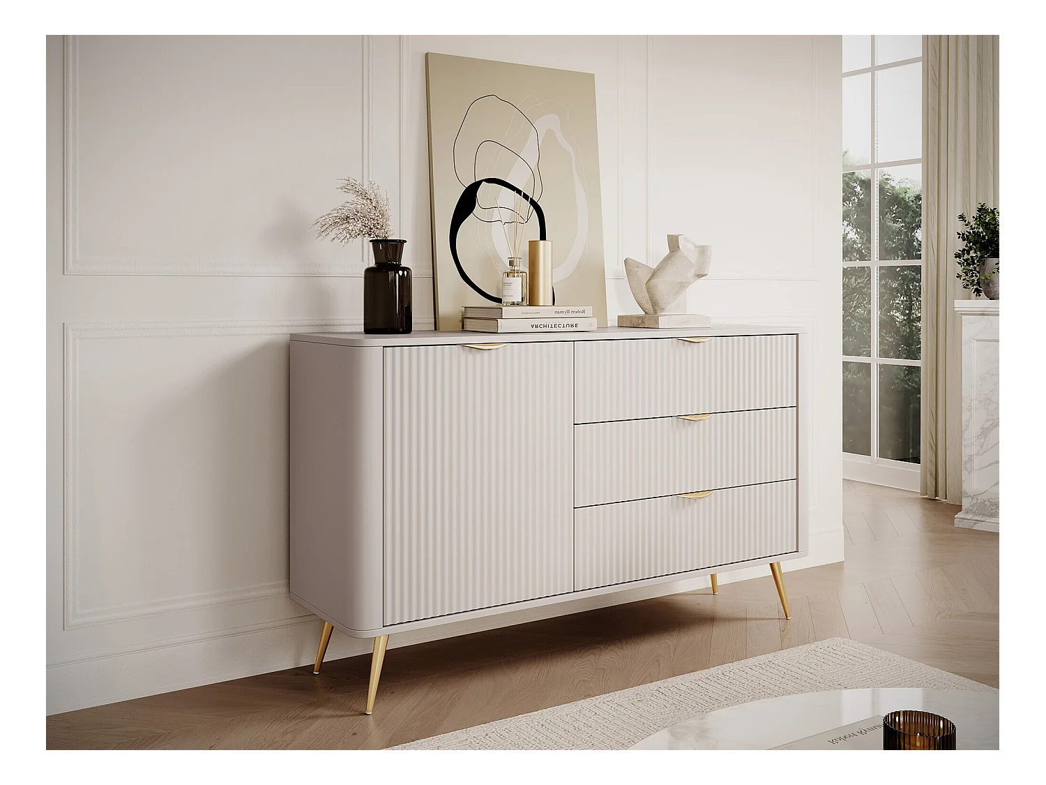 Commode Versoe 100, Beige, Avec tiroirs et portes, 82x139x38cm