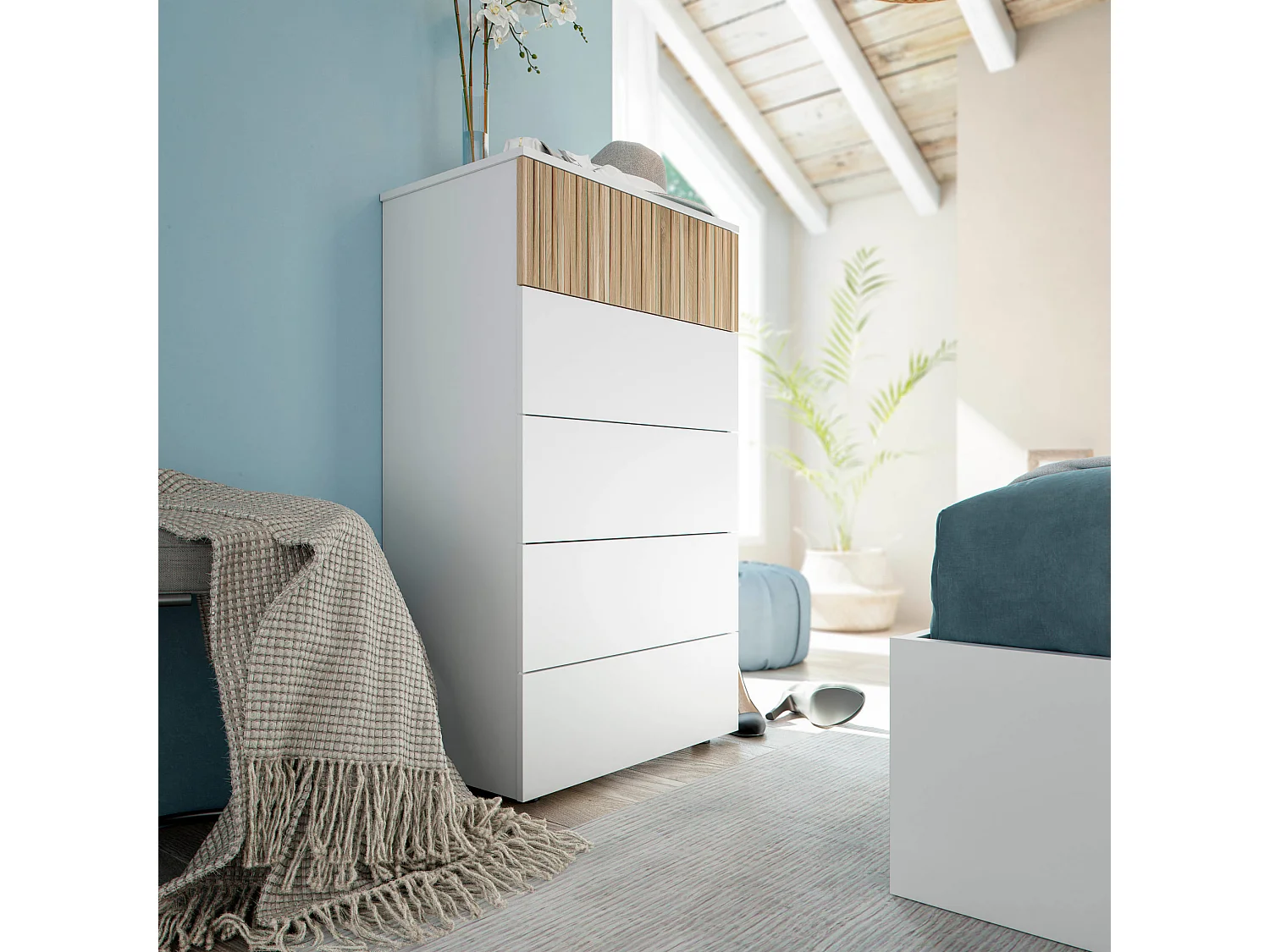 Commode avec 5 tiroirs - Blanc et bois naturel - CO81006