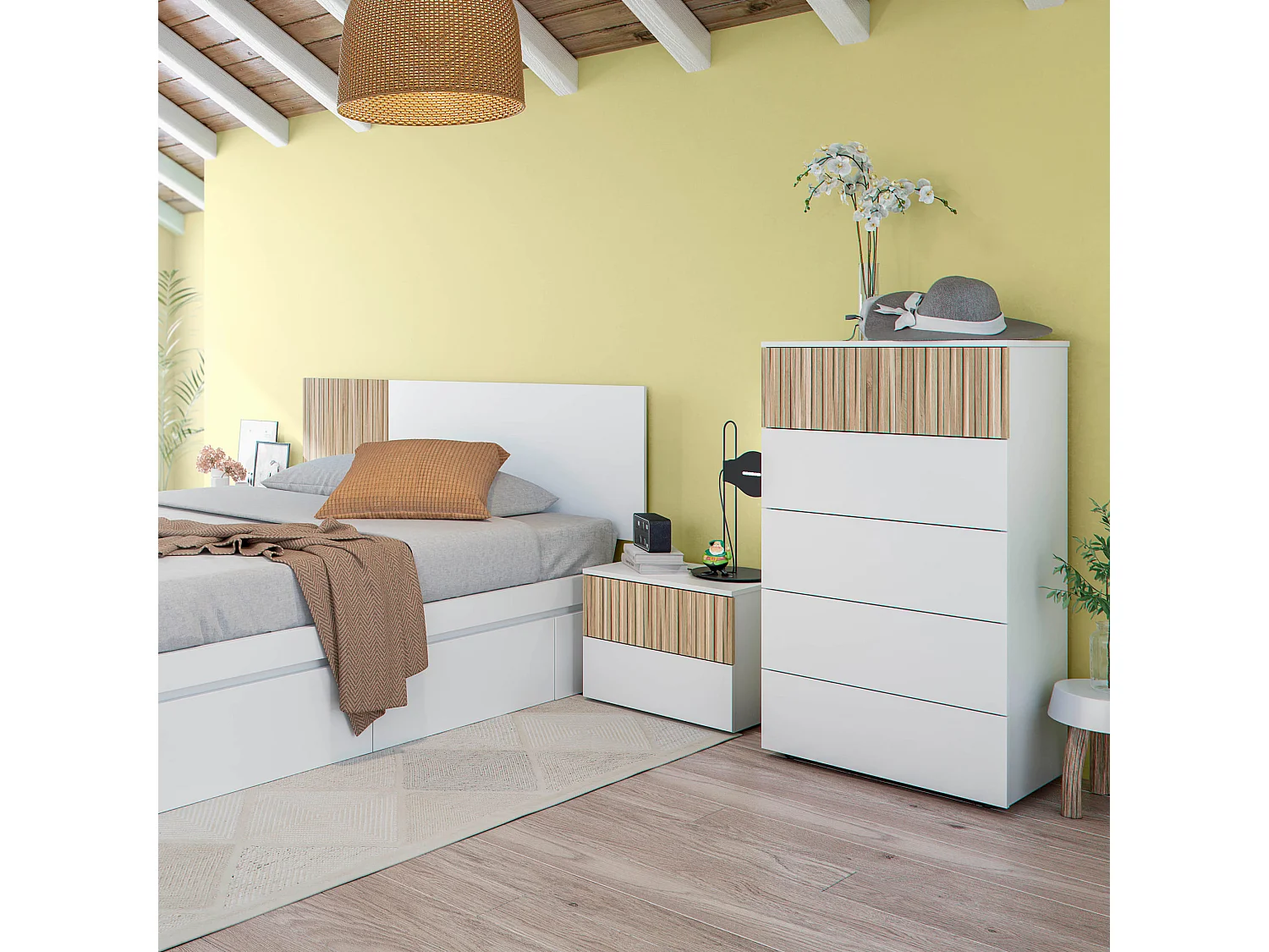 Commode avec 5 tiroirs - Blanc et bois naturel - CO81006