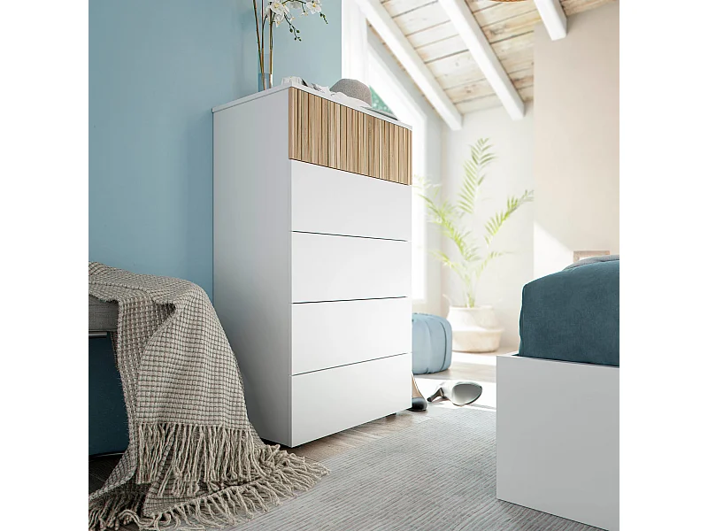Commode avec 5 tiroirs - Blanc et bois naturel - CO81006