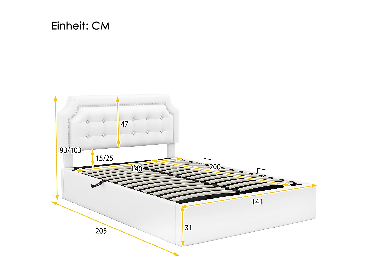 Lit plat rembourré blanc 140 * 200cm, Design minimaliste, intérieur élégant