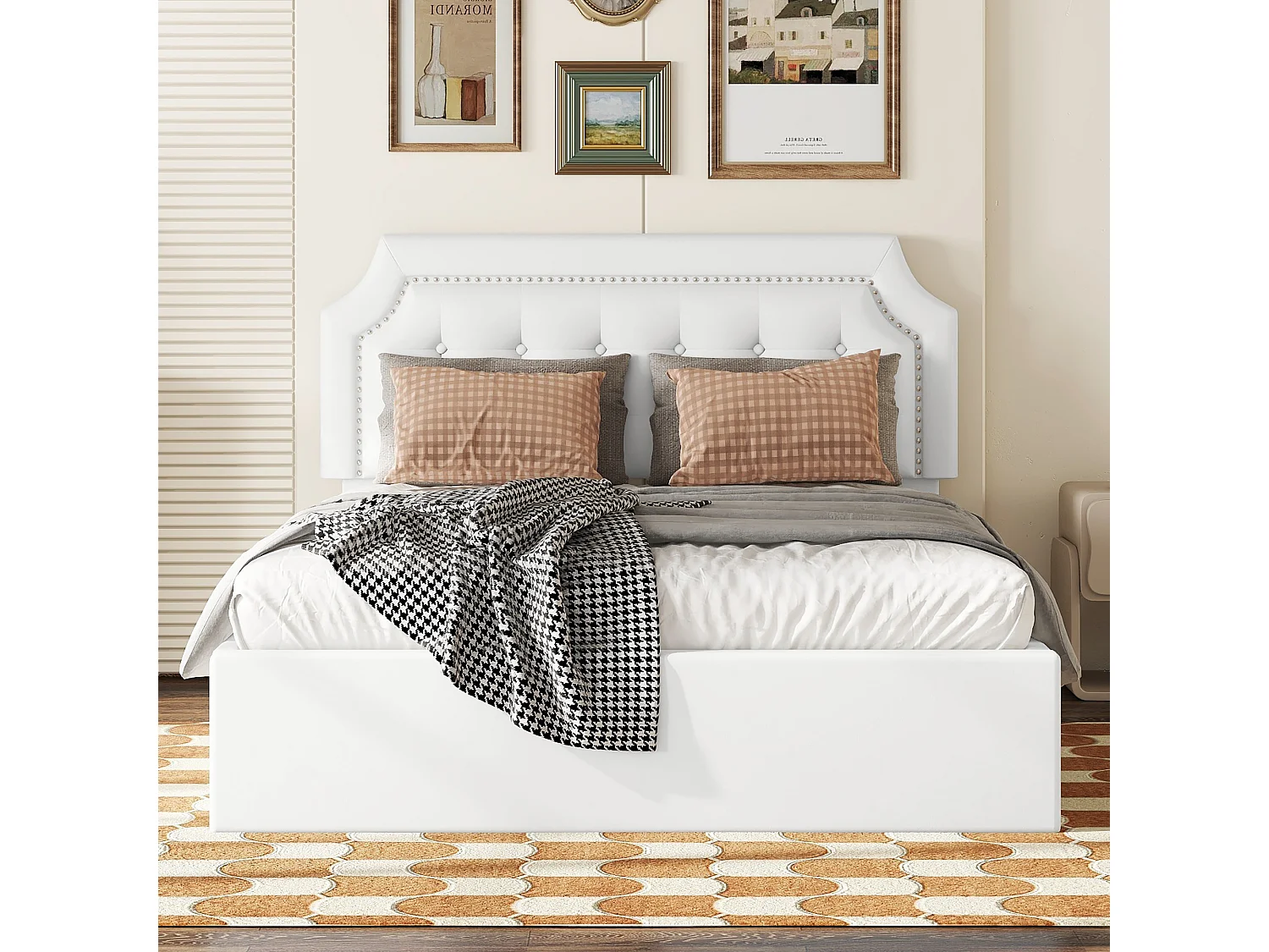 Lit plat rembourré blanc 140 * 200cm, Design minimaliste, intérieur élégant