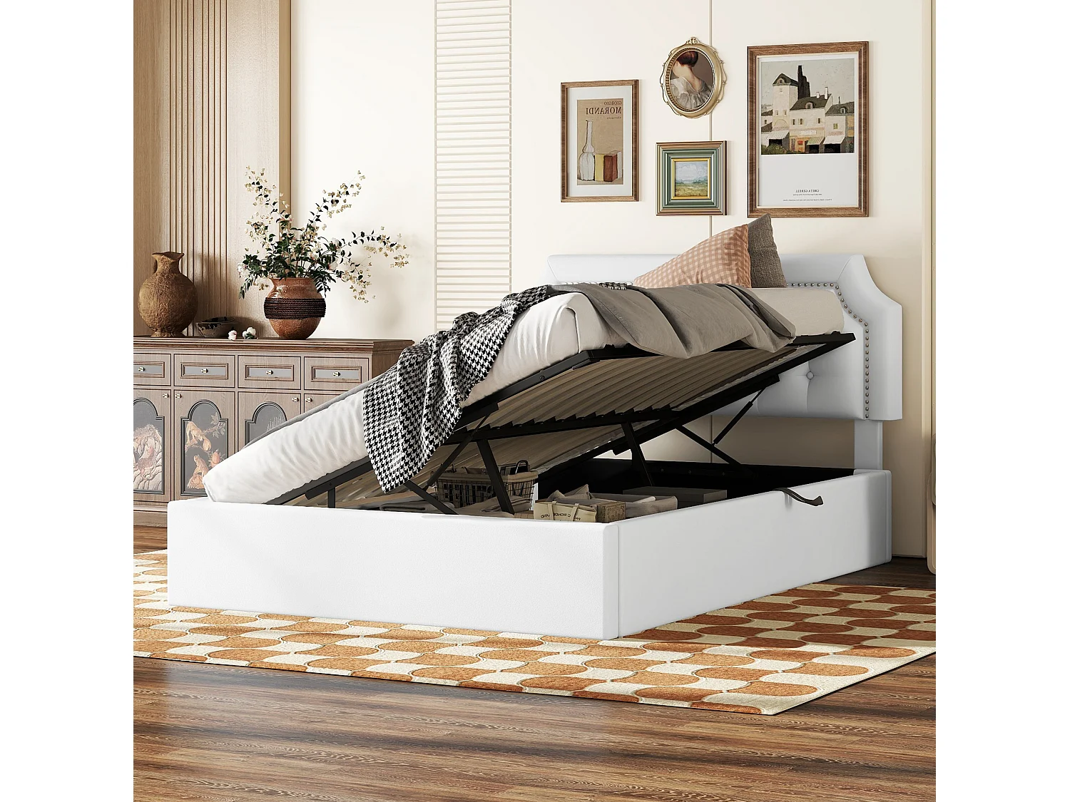 Lit plat rembourré blanc 140 * 200cm, Design minimaliste, intérieur élégant