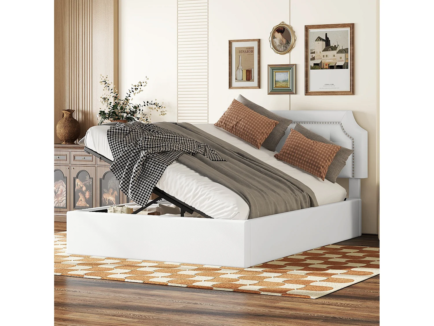 Lit plat rembourré blanc 140 * 200cm, Design minimaliste, intérieur élégant