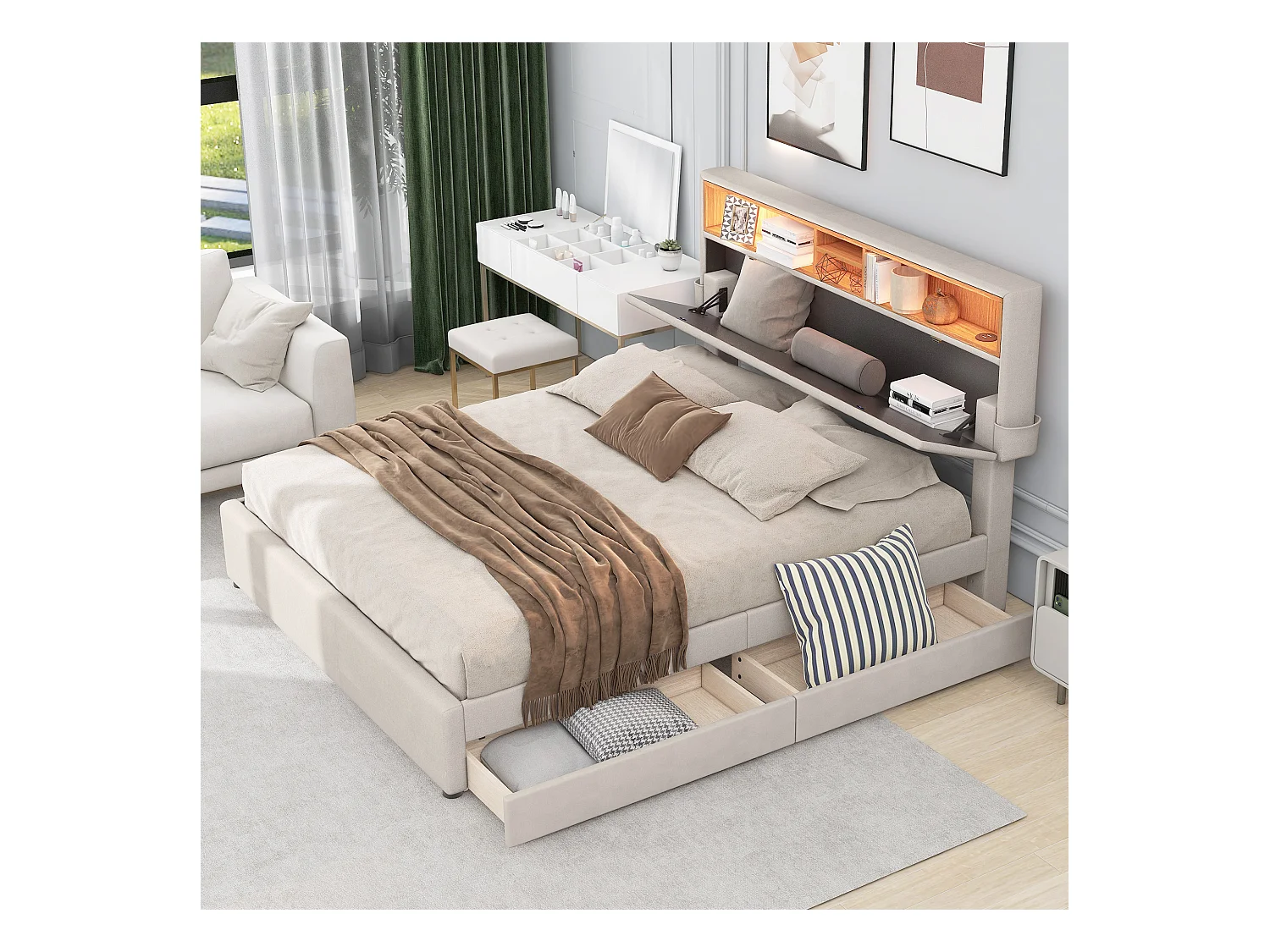 Lit Double Rembourré 140 X 200 cm 2 Tiroirs Avec Espace De Rangement - Tête De Lit Avec Chargement Usb et LED - Beige