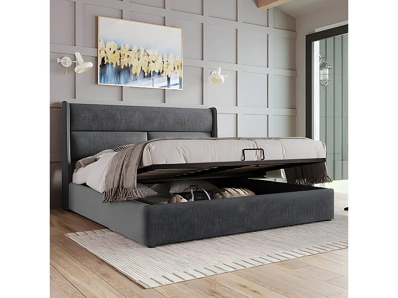 Lit coffre double avec appuie-tête réglable,Lit de rembourré Cadre de lit en lin Lit de jeune 140X200 avec sommier à lattes