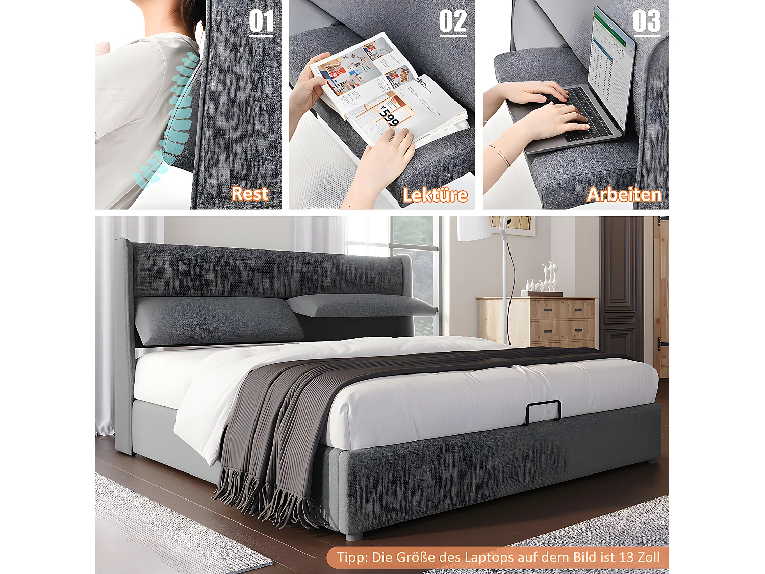 Lit coffre double avec appuie-tête réglable,Lit de rembourré Cadre de lit en lin Lit de jeune 140X200 avec sommier à lattes