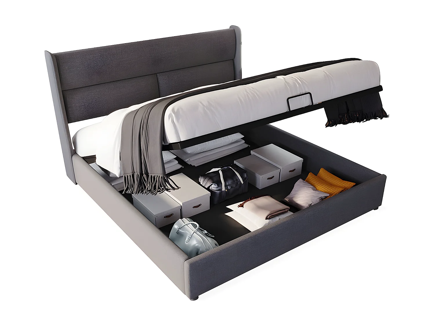 Lit coffre double avec appuie-tête réglable,Lit de rembourré Cadre de lit en lin Lit de jeune 140X200 avec sommier à lattes