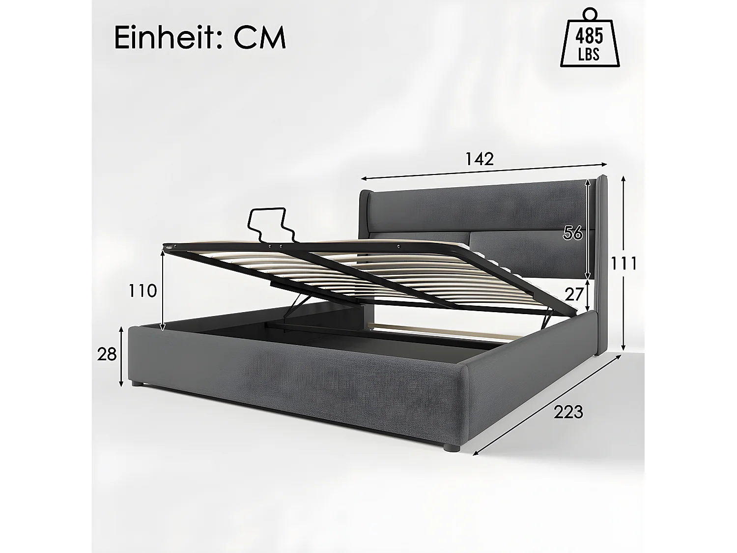 Lit coffre double avec appuie-tête réglable,Lit de rembourré Cadre de lit en lin Lit de jeune 140X200 avec sommier à lattes