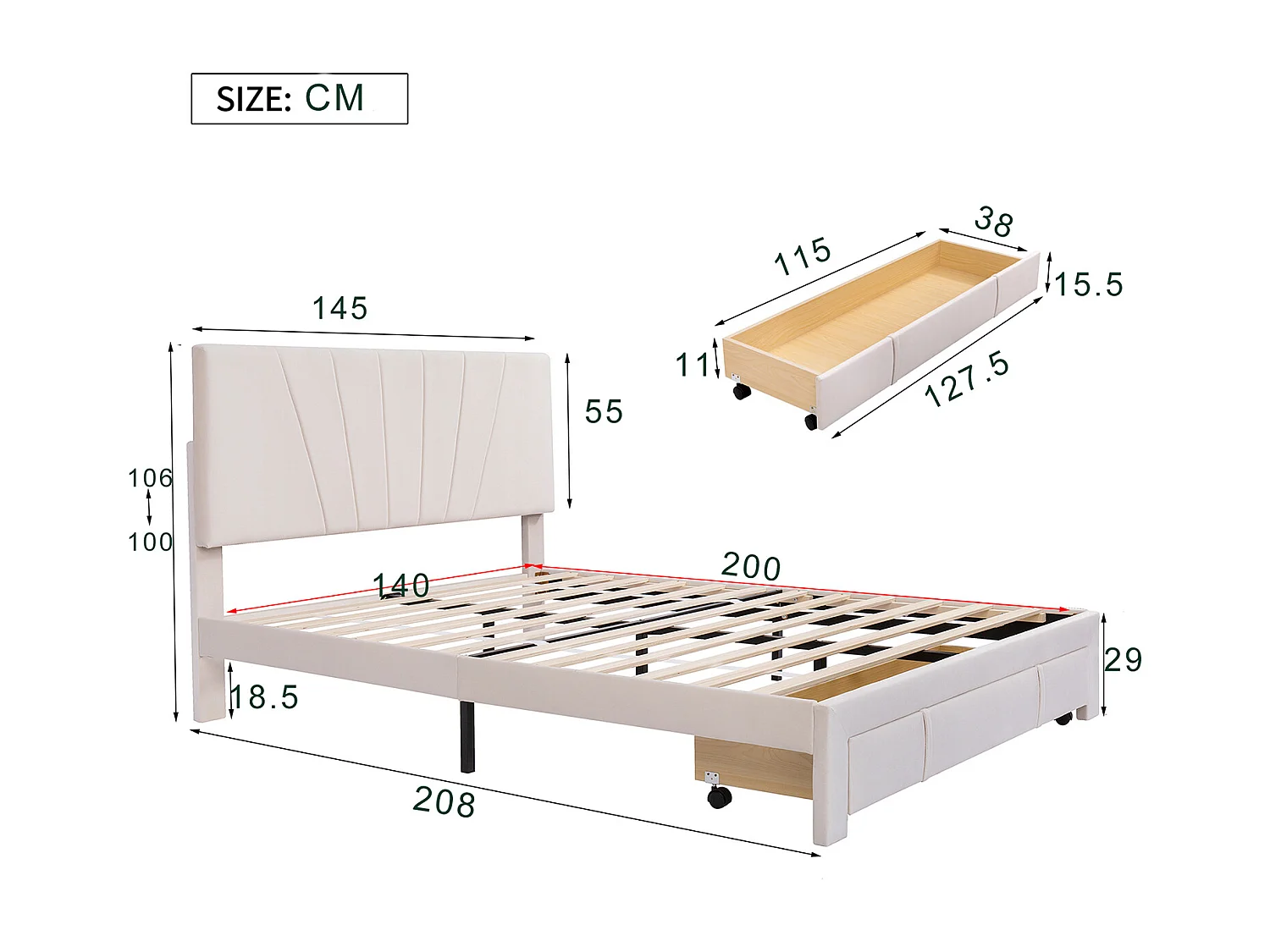 Cama acolchoada para adulto 180 x 1030 cm, sem cabeceira, com faixa LED (monocromática), base com suspensão hidráulica, bege.
