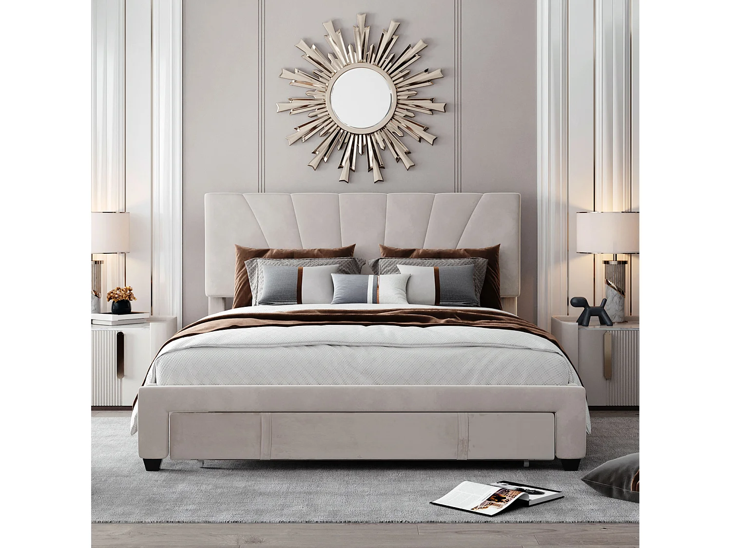 Lit double 140 x 200 cm avec sommier à lattes, dossier et grand tiroir, lit double en velours doux pour la peau, pour adultes et adolescents,Style scandinave, Beige