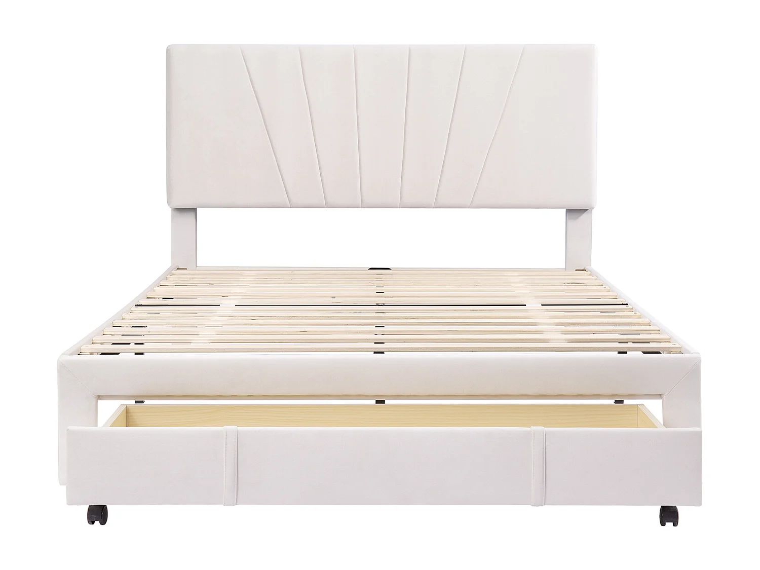 Lit double 140 x 200 cm avec sommier à lattes, dossier et grand tiroir, lit double en velours doux pour la peau, pour adultes et adolescents,Style scandinave, Beige